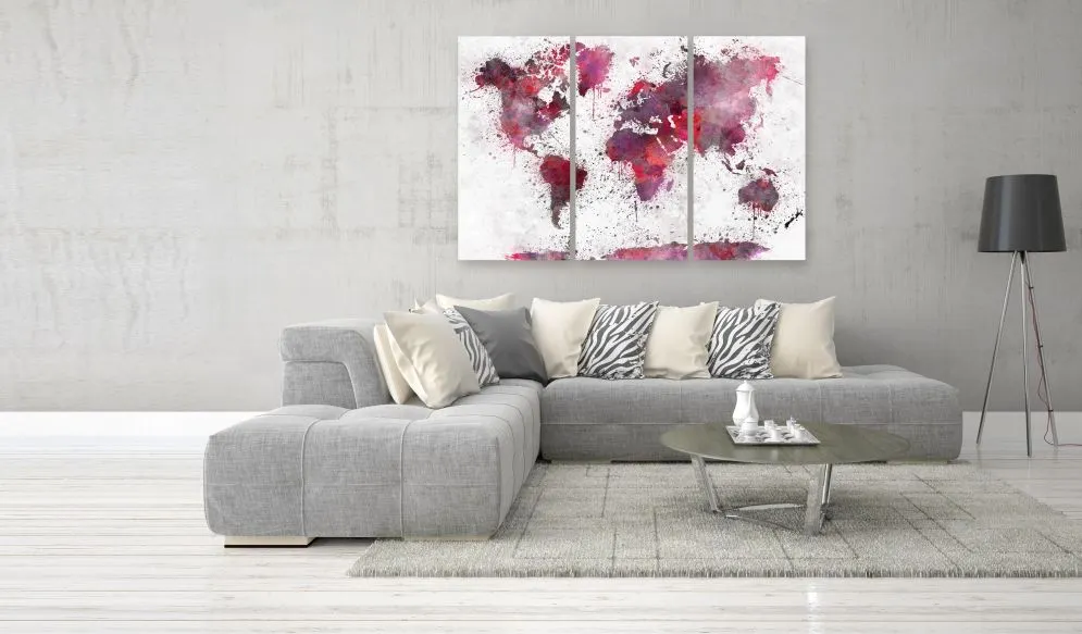 Obraz - Mapa świata  czerwone akwarele (3-częściowy)-2