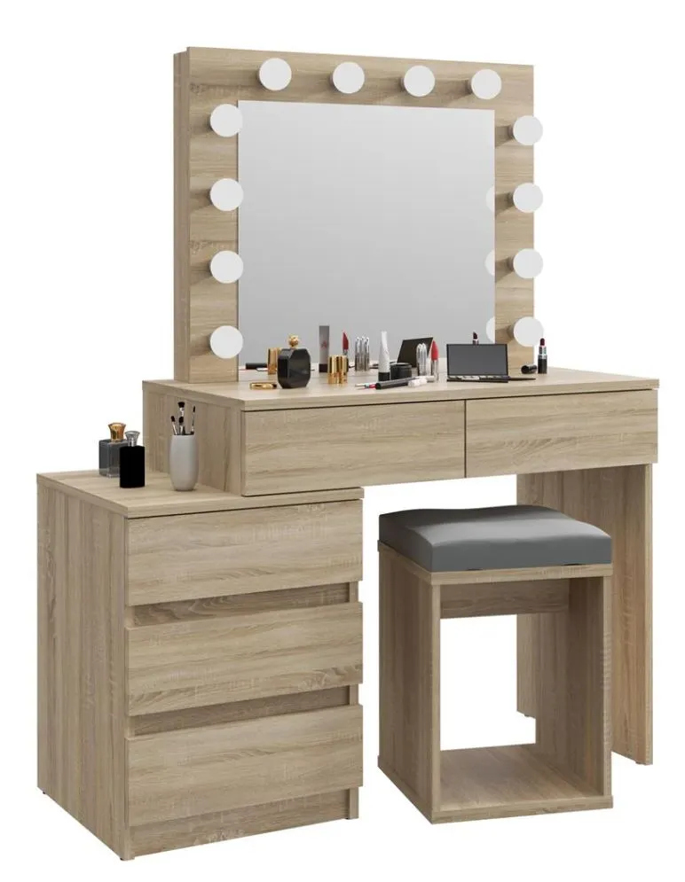 Toaletka CAVIA dąb sonoma z lustrem i kontenerkiem | MIRAT. styl SKANDYNAWSKI