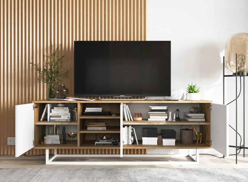 Szafka RTV NILA 1 150 dąb wotan/biała mat z półkami | MIRAT. styl LOFT kolekcja NILA