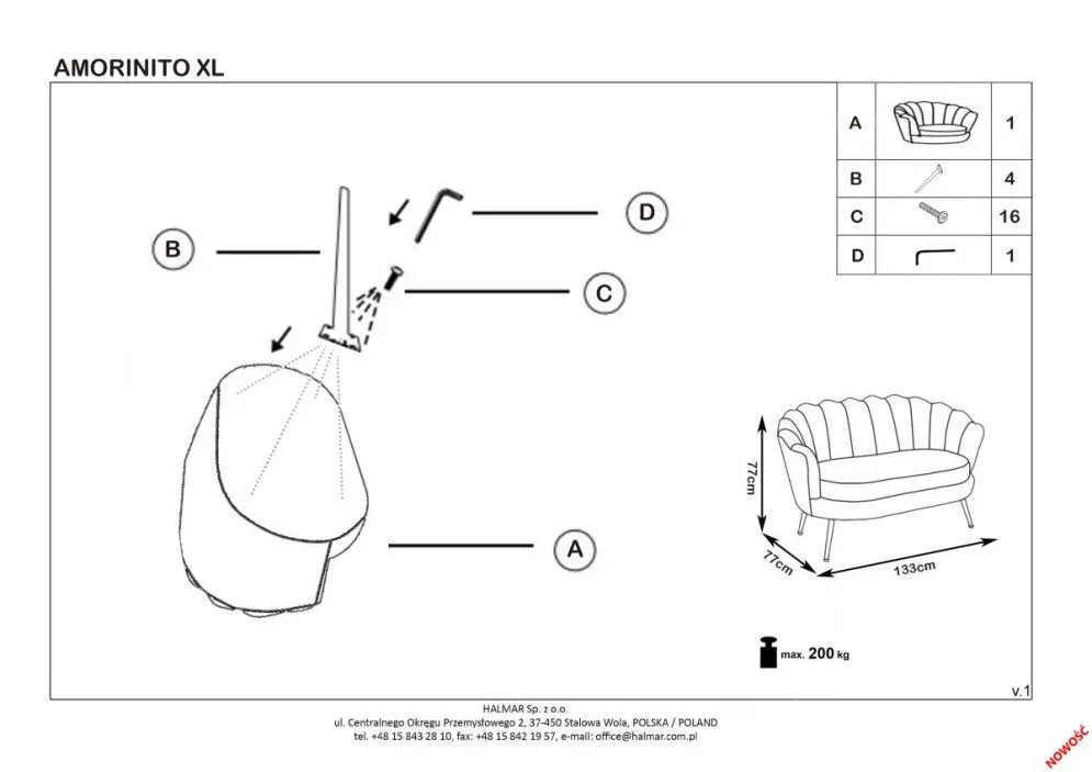 Sofa AMORINITO XL szara muszla na złotych lub czarnych nogach | MIRAT. styl GLAMOUR, PASTELE