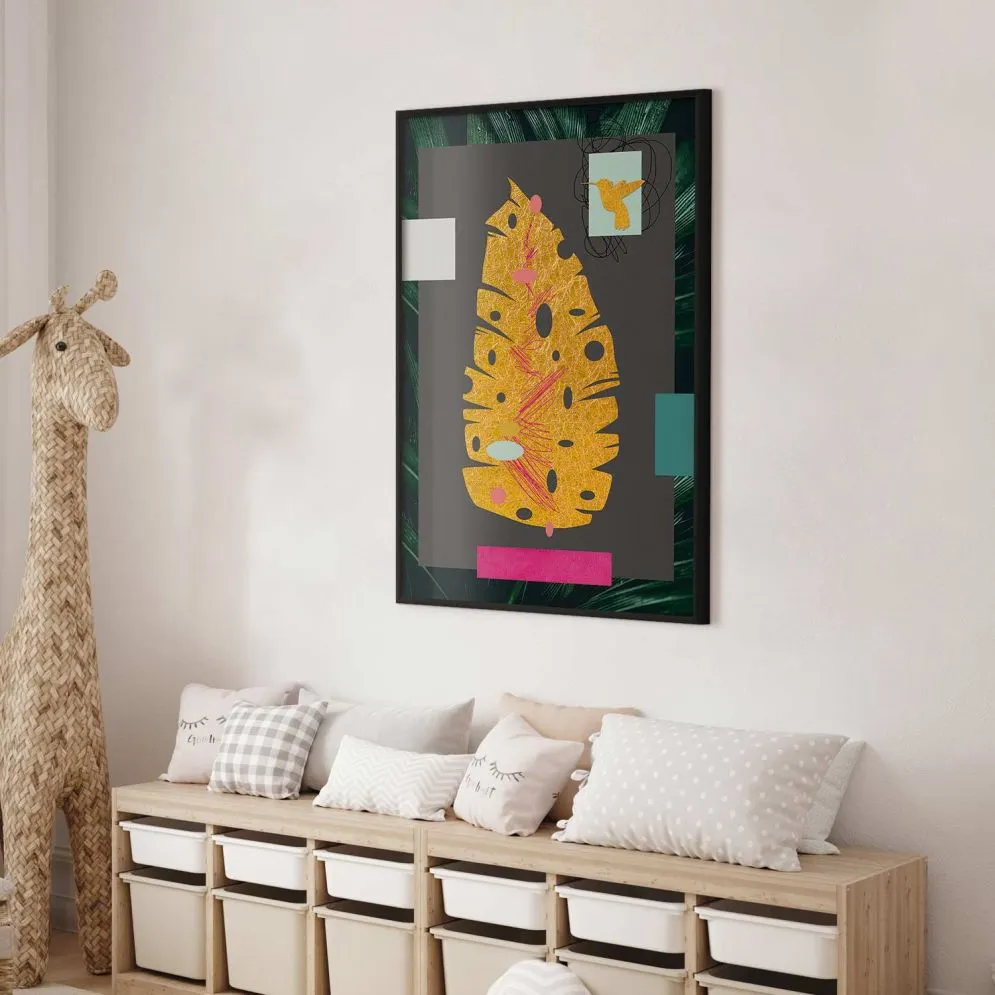 Plakat złotą liść 60x90 cm z ramą czarną bez marginesu | MIRAT.