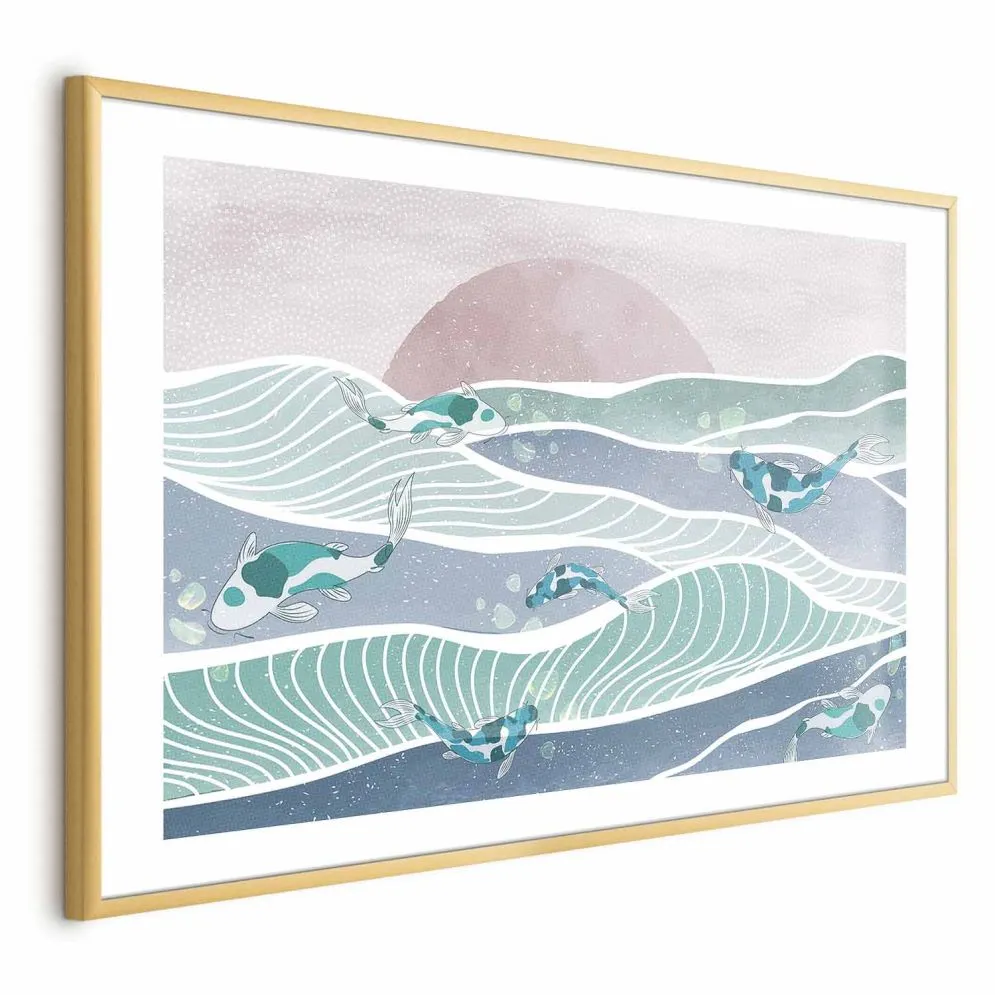 Plakat Ryby na falach 30x21 cm z ramą złotą z marginesem | MIRAT.