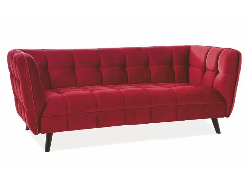Sofa CASTELLO VELVET 3 bordowa pikowana na drewnianych nogach | MIRAT. styl GLAMOUR kolekcja CASTELLO