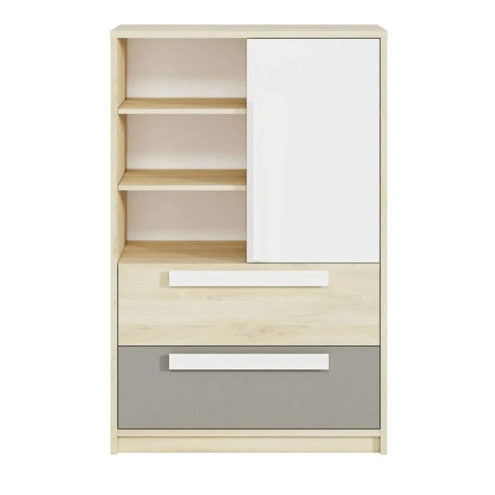 Komoda wysoka DOT buk/biała/szara z szufladami I sklep meblowy MIRAT. styl SKANDYNAWSKI