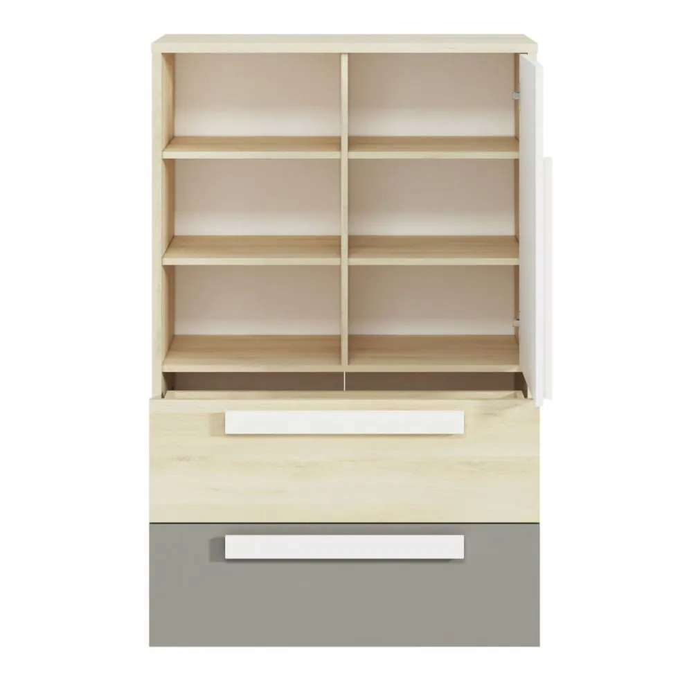 Komoda wysoka DOT buk/biała/szara z szufladami I sklep meblowy MIRAT. styl SKANDYNAWSKI