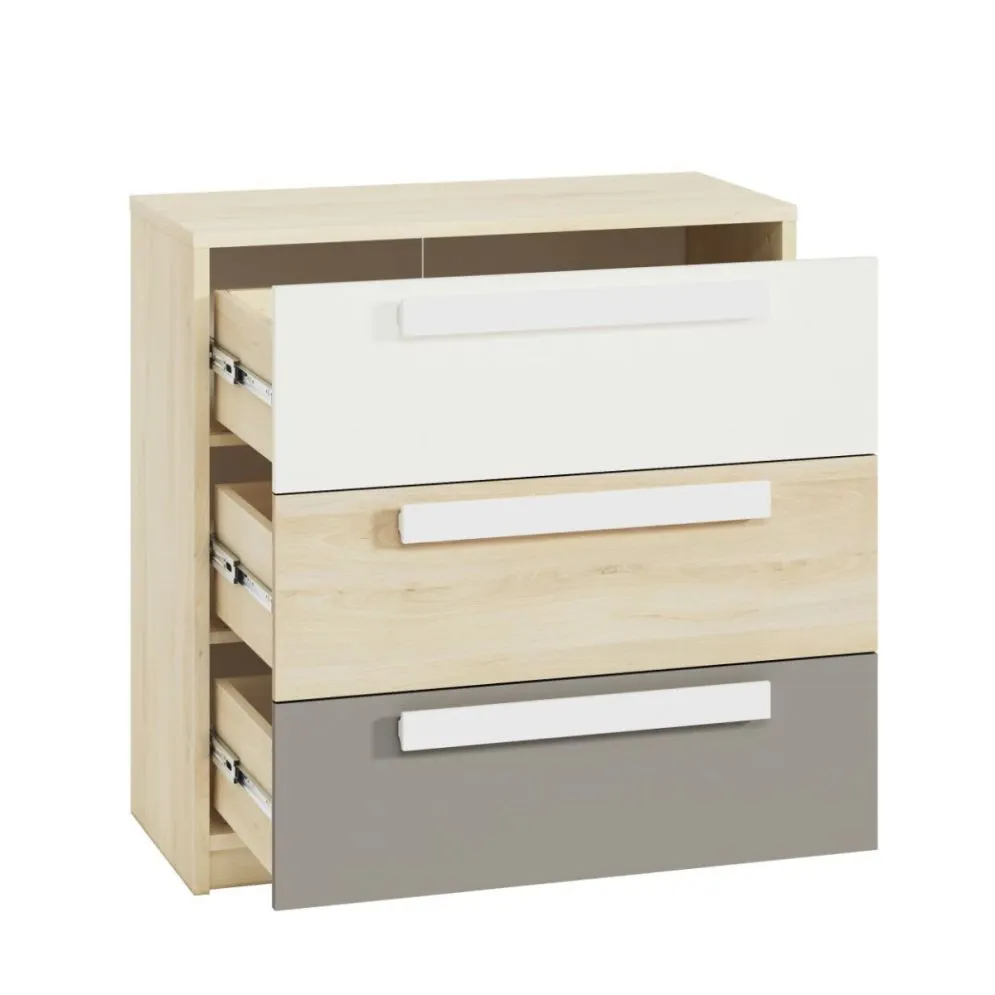 Komoda DOT 92 buk/biała/szara do pokoju młodzieżowego I sklep meblowy MIRAT. styl SKANDYNAWSKI kolekcja DOT