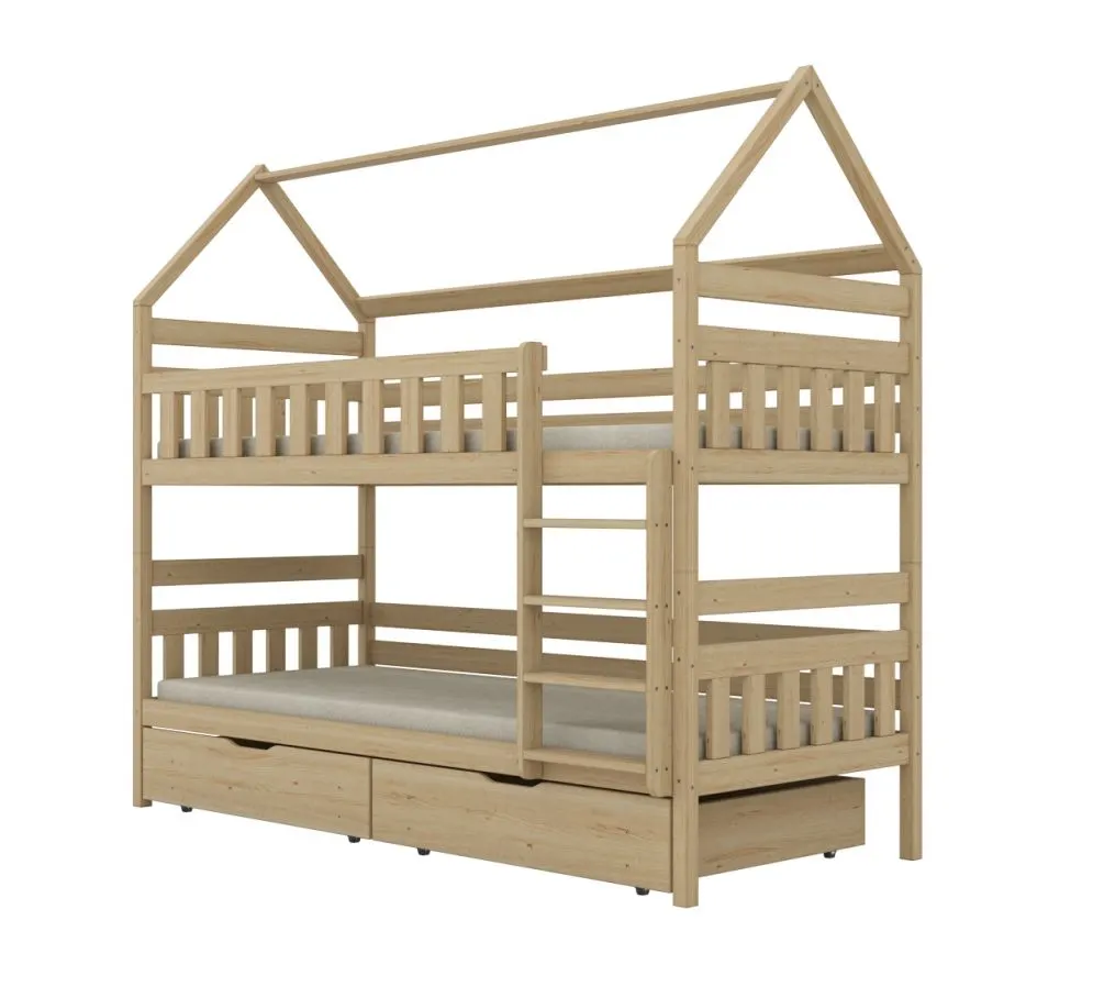 Łóżko piętrowe domek FELIKS 180x80 sosna nielakierowana z szufladami na pościel I sklep meblowy MIRAT. styl SKANDYNAWSKI kolekcja FELIKS