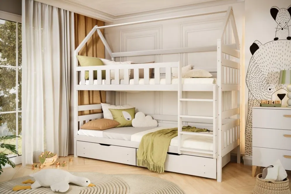 Dziecięce łóżko piętrowe domek FELIKS 200x90 białe sosnowe dla 3-dzieci I sklep meblowy MIRAT. styl SKANDYNAWSKI kolekcja FELIKS