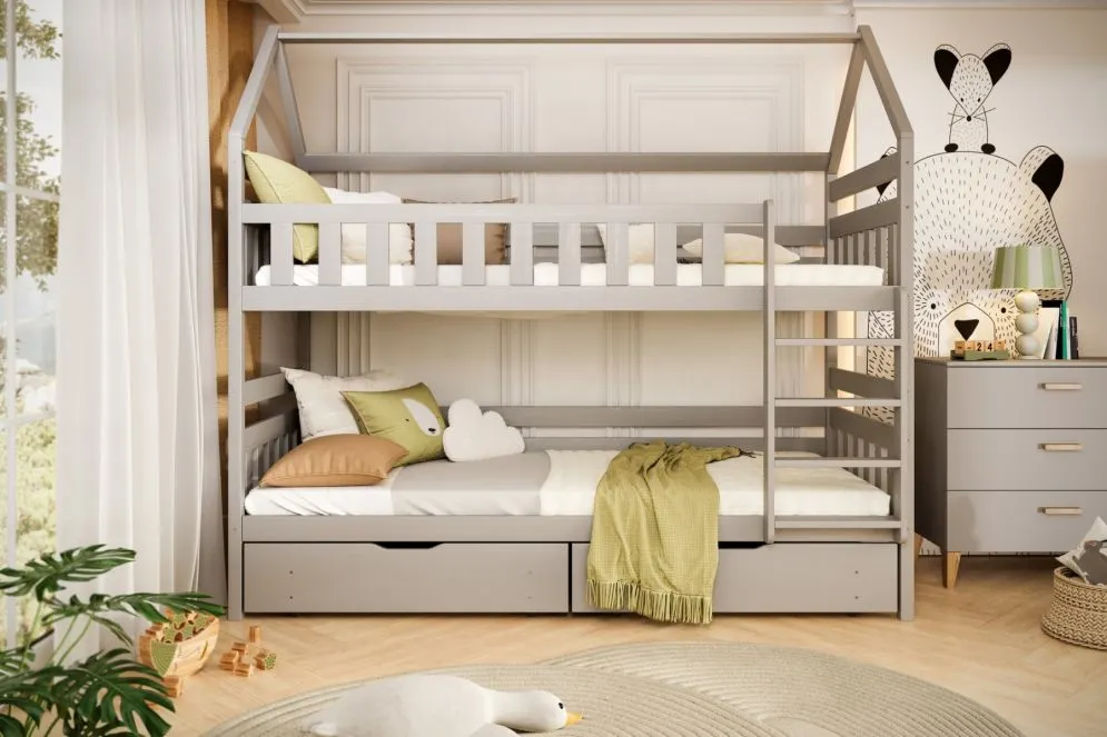 3-osobowe łóżko piętrowe domek FELIKS 180x80 szare drewniane I sklep meblowy MIRAT.  kolekcja FELIKS