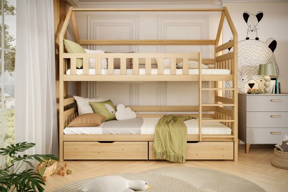 Łóżko piętrowe domek FELIKS 180x80 sosna nielakierowana z szufladami na pościel I sklep meblowy MIRAT. styl SKANDYNAWSKI kolekcja FELIKS