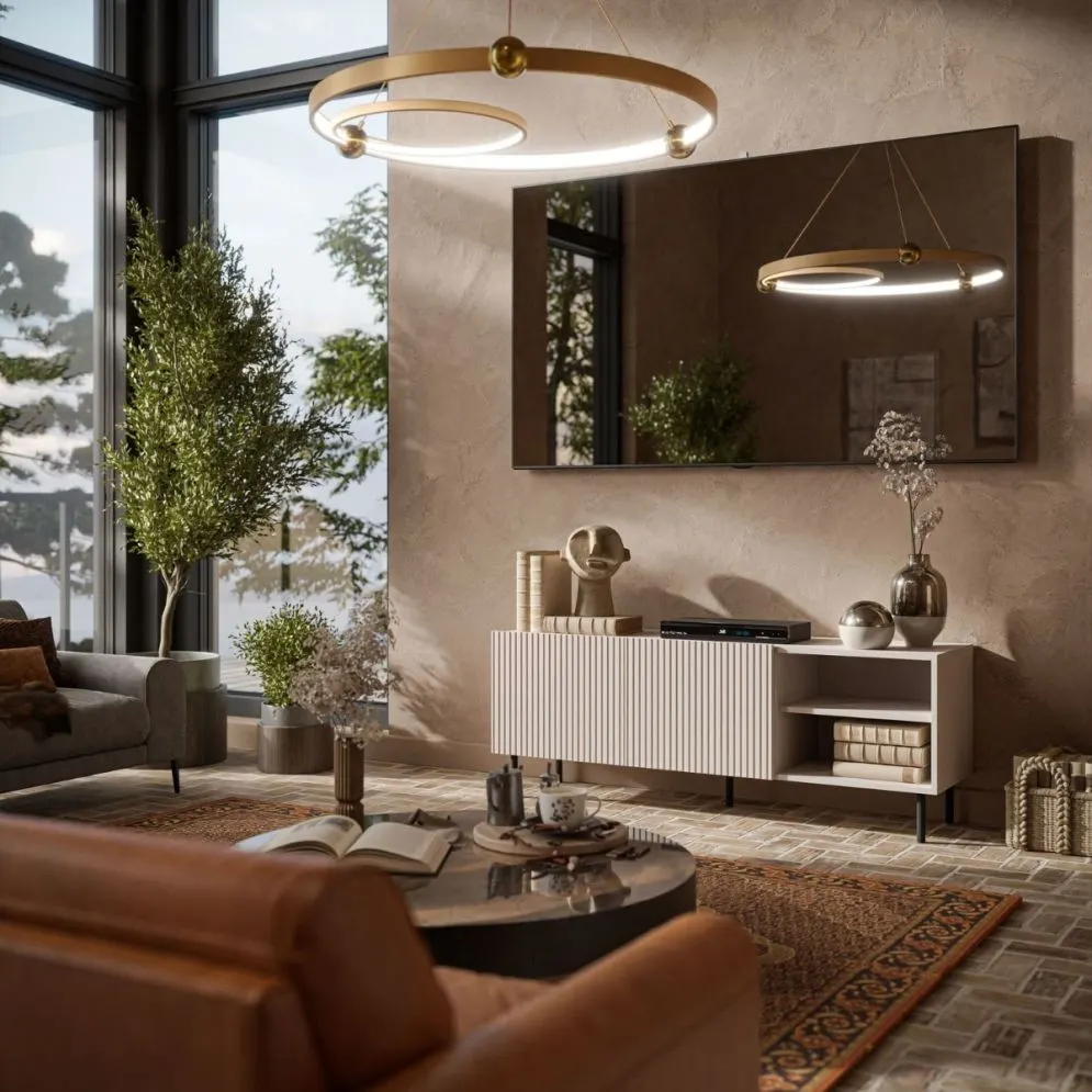 Szafka RTV PAXOS 150cm kaszmirowa z ryflowanymi frontami I sklep meblowy MIRAT. styl RYFLOWANY