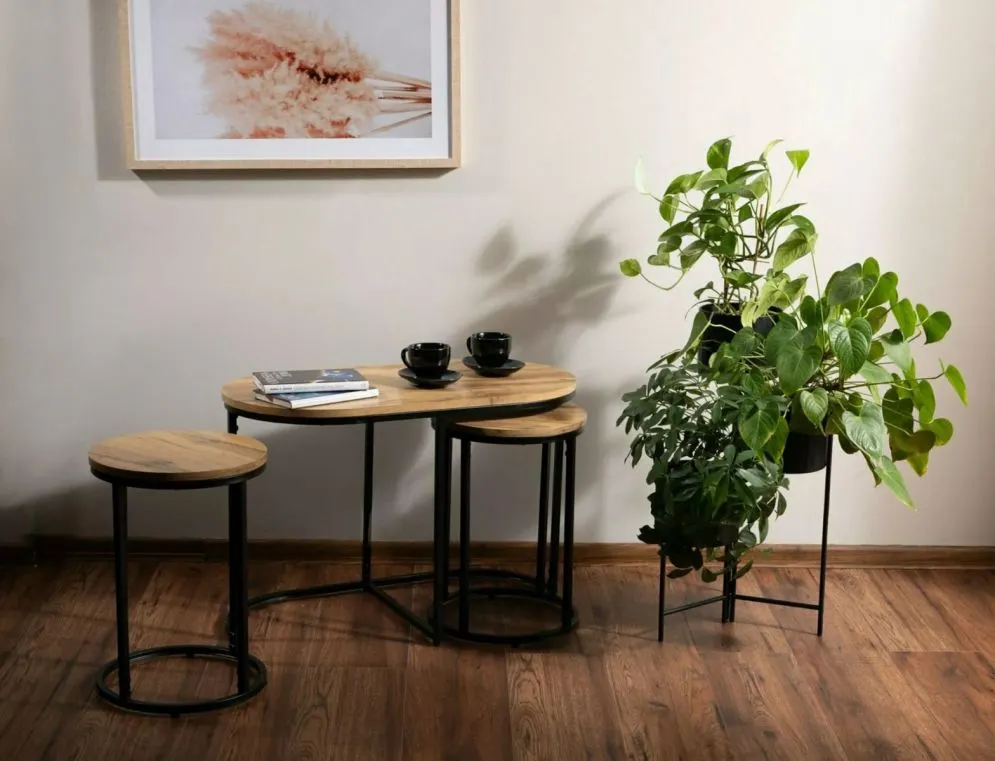 Zestaw 3 ław TWIX dąb artisan/czarny mat na metalowej podstawie I sklep meblowy MIRAT. styl LOFT