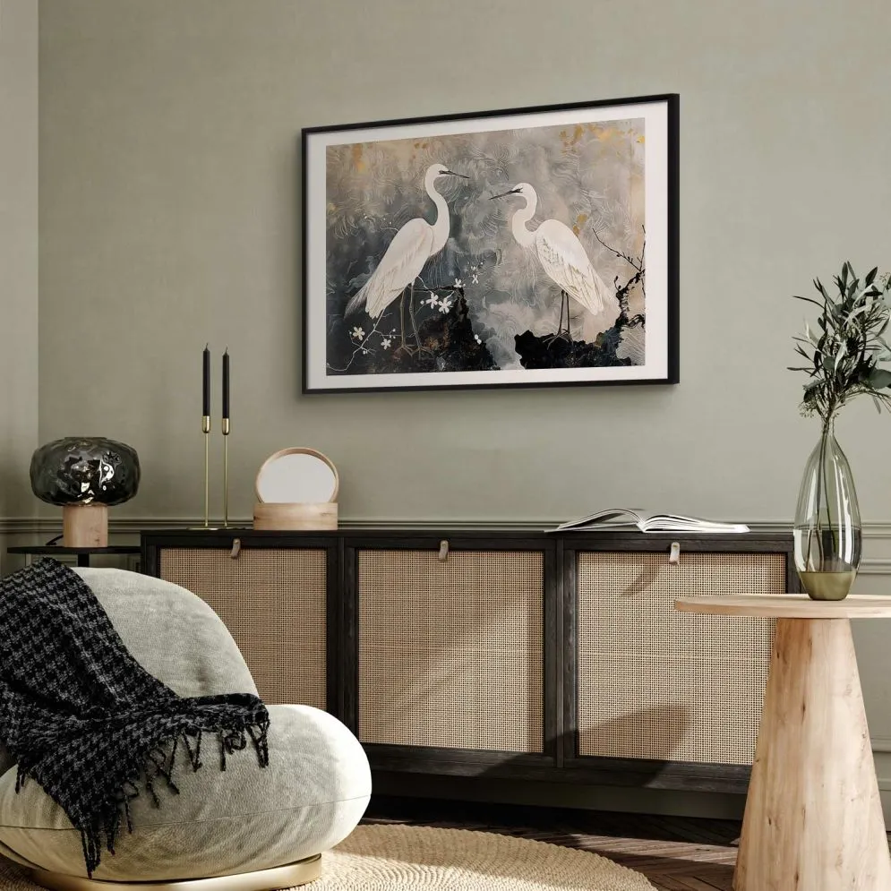 Plakat Czaple i kwiat wiśni 30x21 cm z ramą czarną z marginesem | MIRAT.