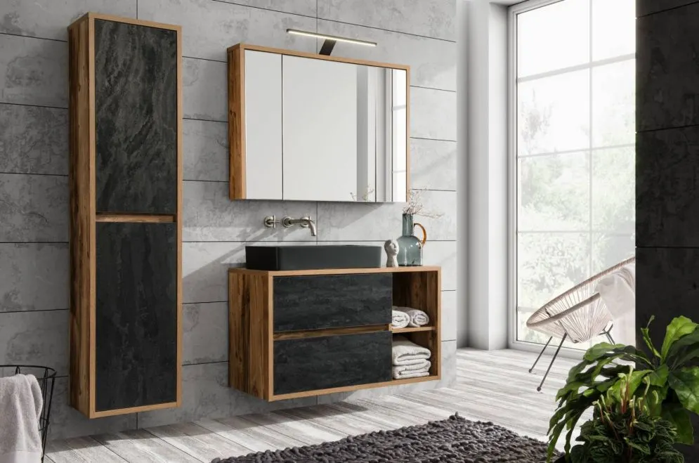 Szafka pod umywalkę nablatową HAMPTON CONCRETE 824-100BL ciemny beton/dąb wisząca | MIRAT. styl LOFT