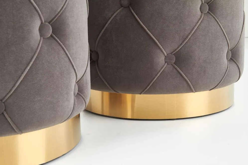 Zestaw pufa POLLY VELVET szary pikowany na złotej podstawie | MIRAT. styl GLAMOUR
