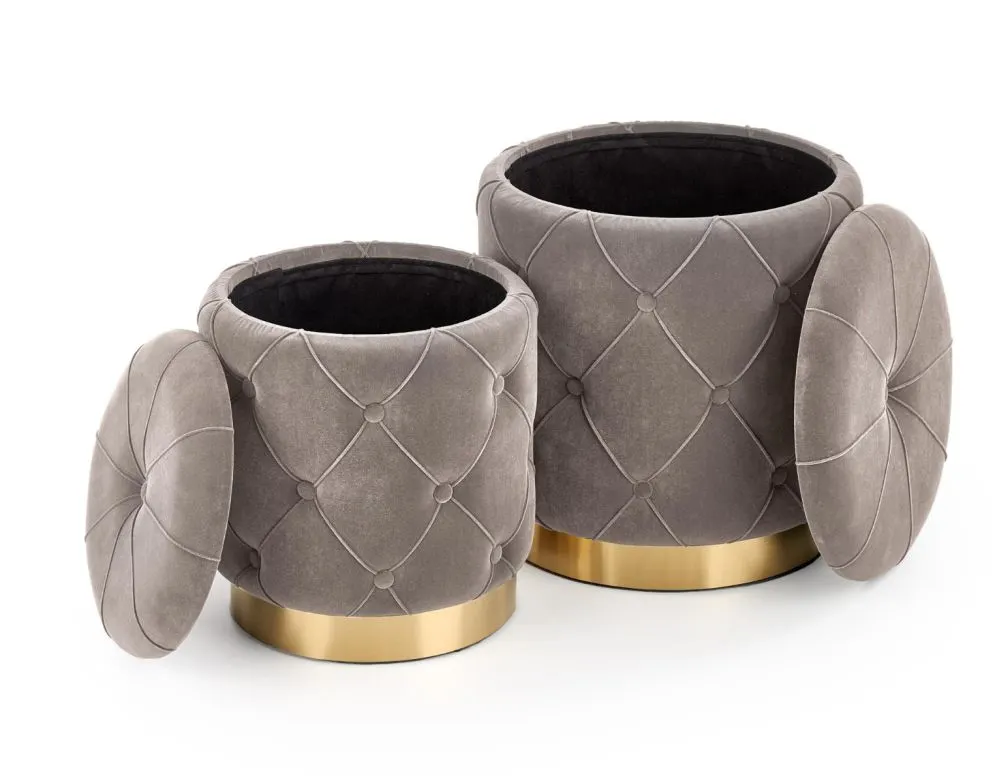 Zestaw pufa POLLY VELVET szary pikowany na złotej podstawie | MIRAT. styl GLAMOUR