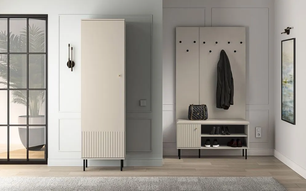 Szafka na buty z siedziskiem ELLEN 1D kaszmir nowoczesna I sklep meblowy MIRAT. styl GLAMOUR, RYFLOWANY kolekcja ELLEN