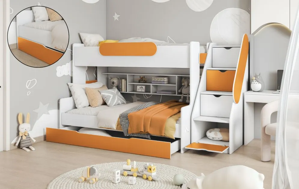 Dziecięce łóżko wielofunkcyjne REESE 200x120 białe/pomarańczowe ze schodkami | MIRAT.