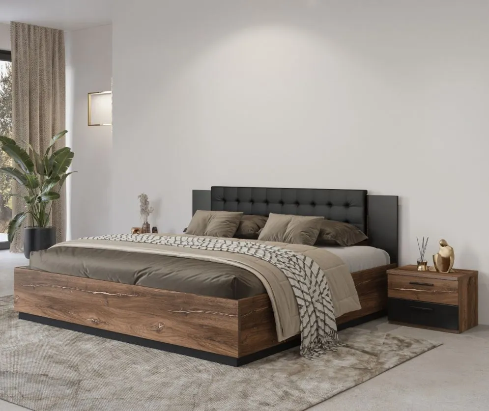 Łóżko SIGMA 140x200 dąb flagstaff miedziany/czarny mat z pojemnikiem I sklep meblowy MIRAT. styl LOFT, SKANDYNAWSKI