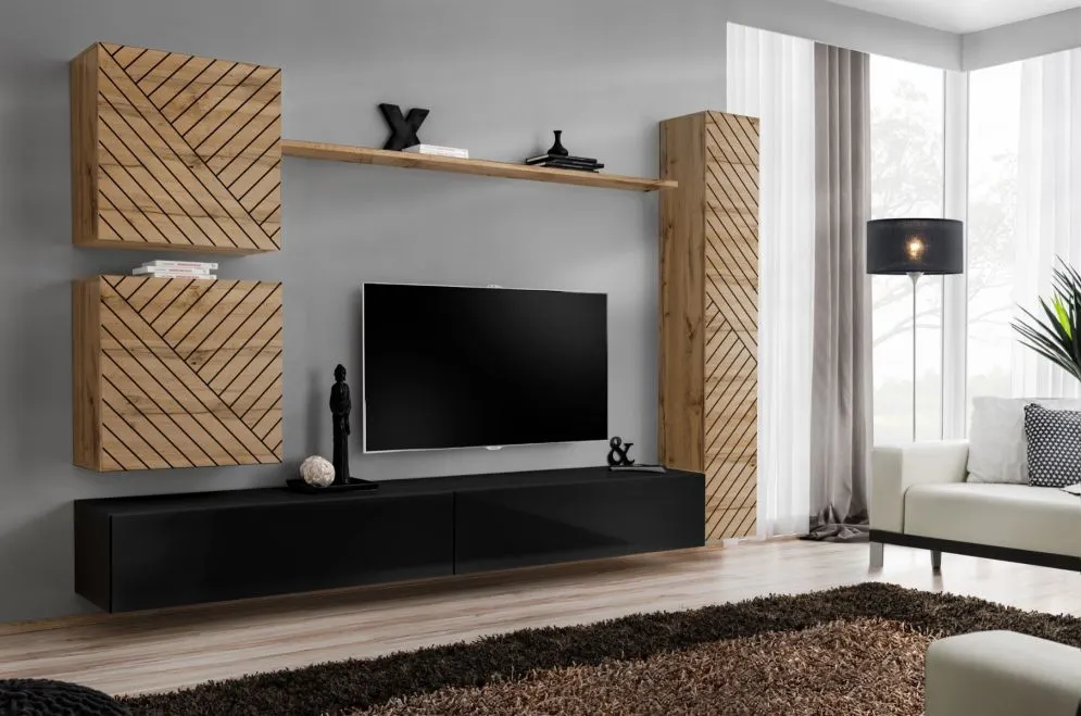 Meblościanka SWITCH LAMEL VIII dąb wotan/czarna do salonu I sklep meblowy MIRAT. styl RYFLOWANY