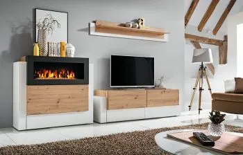 Meblościanka QUEENS dąb artisan/biały z biokominkiem