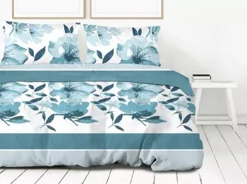 Pościel satynowa FLORIDO 160X200 biała/niebieska Premium