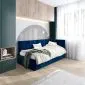 Łóżko młodzieżowe AURA 100x200 granatowe tapicerowane aksamitem z pojemnikiem na pościel I MIRAT.
