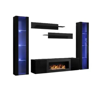 Meblościanka FLY M2 czarny połsyk/czarny mat z biokominkiem