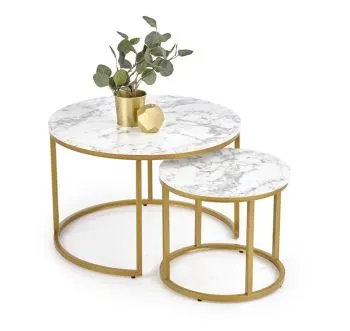 Zestaw 2 stolików PAOLA biały marmur/złoty