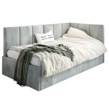 Łóżko młodzieżowe AURA 120x200 jasne szare z tapicerowanym panelem L i pojemnikiem na pościel