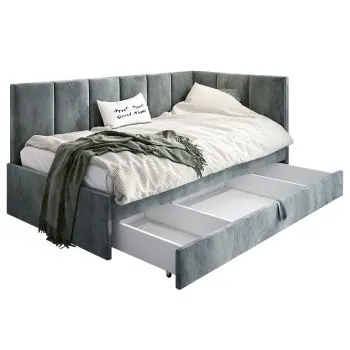 Łóżko młodzieżowe AURA 2 90x200 szare z tapicerowanym panelem L i szufladą