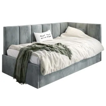 Łóżko młodzieżowe AURA 120x200 szare z tapicerowanym panelem L i pojemnikiem na pościel