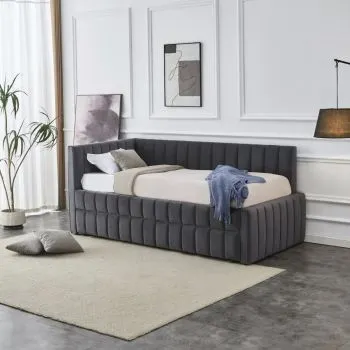 Łóżko młodzieżowe DERBY 90x200 grafitowe wysuwane z tapicerowanym panelem L