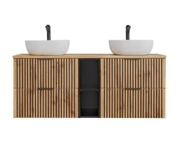 Szafka pod umywalkę nablatową XILO BLACK WOTAN 82 czarna/dąb x2 + regał - zestaw 140 cm z blatem