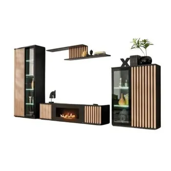 Meblościanka CAMERON LED hickory jackson/czarna z biokominkiem