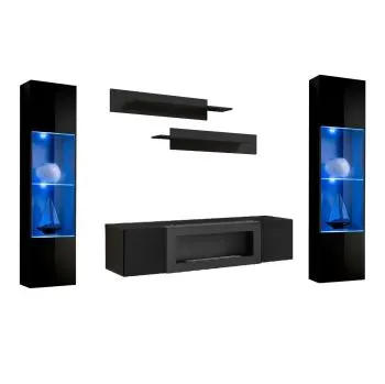 Meblościanka FLY M3 czarny połysk/czarny mat z biokominkiem