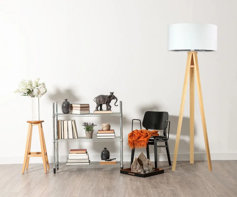 Lampa stojąca HOME 50 biała/pepitka/sosna z włącznikiem nożnym | MIRAT.
