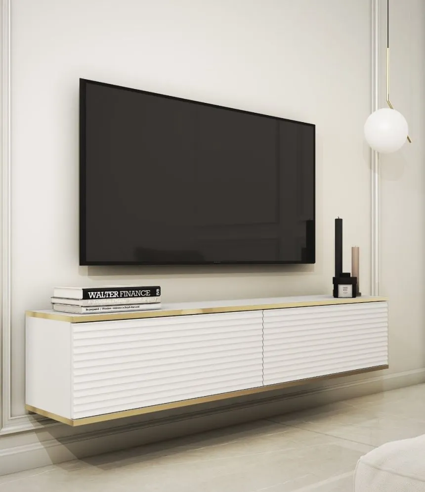 Szafka RTV KARL 3D 135cm wisząca/stojąca biały mat  I sklep meblowy MIRAT. styl GLAMOUR, RYFLOWANY