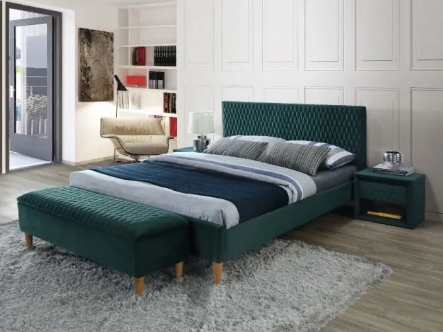Zielone łóżko tapicerowane tkaniną aksamitną AZURRO VELVET