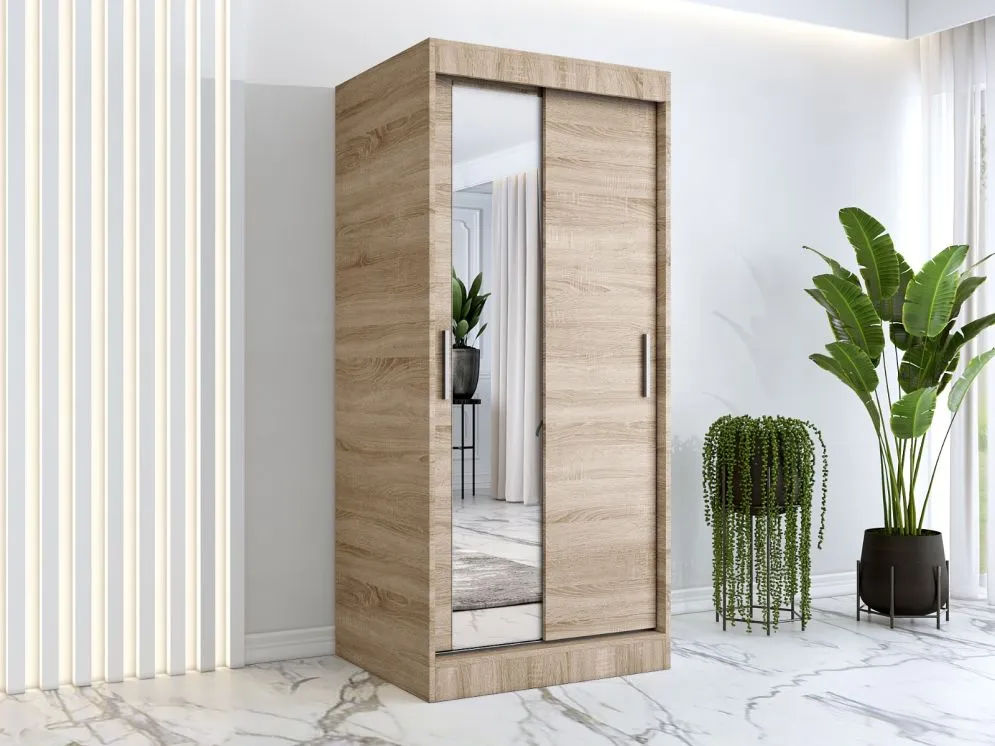 Szafa przesuwna MODUO COMFORT 90 dąb sonoma gładka z lustrem po lewej stronie | MIRAT. w stylu kolekcja MODUO COMFORT