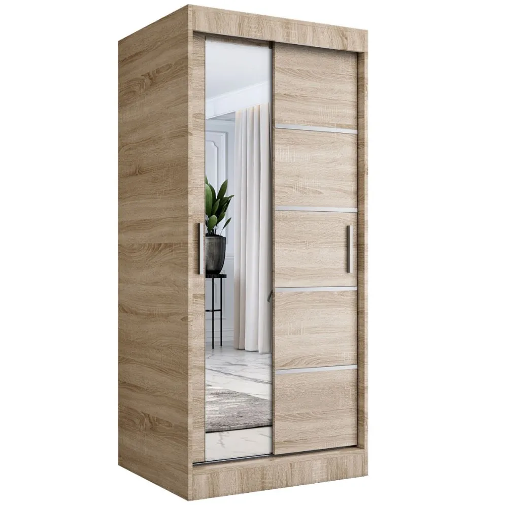 Szafa przesuwna MODUO COMFORT 3 90 dąb sonoma z listwami i z lustrem | MIRAT. w stylu kolekcja MODUO COMFORT
