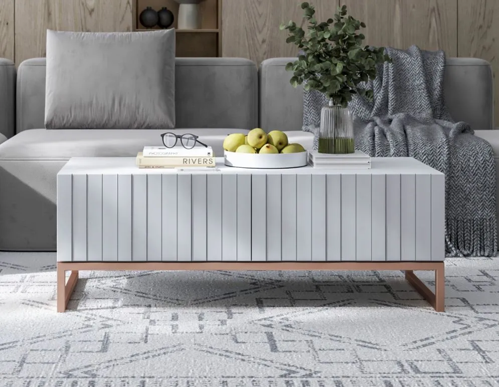 Stolik kawowy TAL 3D 110x54cm biały mat/gold do salonu I sklep meblowy MIRAT. styl GLAMOUR, RYFLOWANY kolekcja TAL