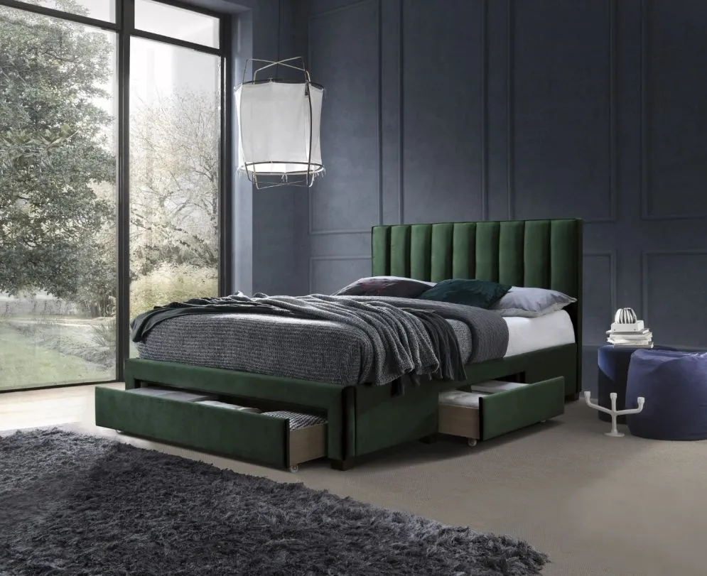 Łóżko GRACE VELVET 160x200 zielone tapicerowane z przeszyciami | MIRAT. styl GLAMOUR