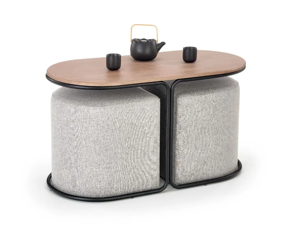 Ława PAMPA 88x43 orzech/czarna z szarymi pufami do salonu | MIRAT. styl LOFT