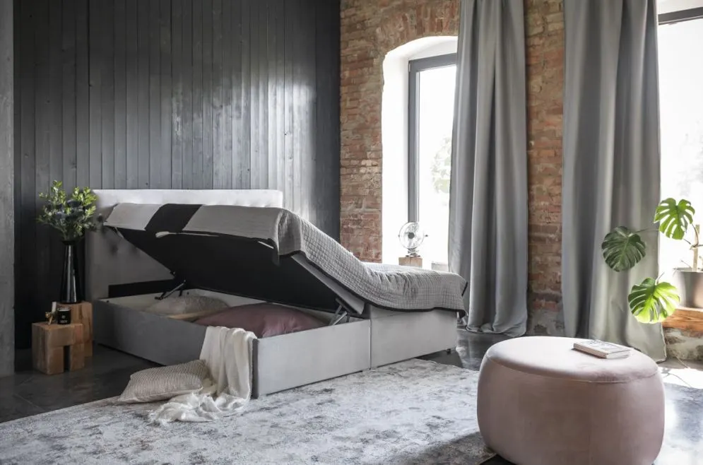 Łóżko kontynentalne LOREE VELVET 180x200 szare z pojemnikiem tapicerowane | MIRAT. w stylu GLAMOUR kolekcja