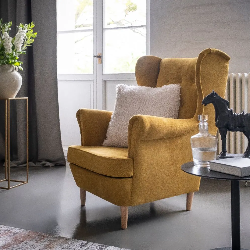 Fotel uszak AROS żółty tapicerowany tkaniną | MIRAT. w stylu GLAMOUR kolekcja