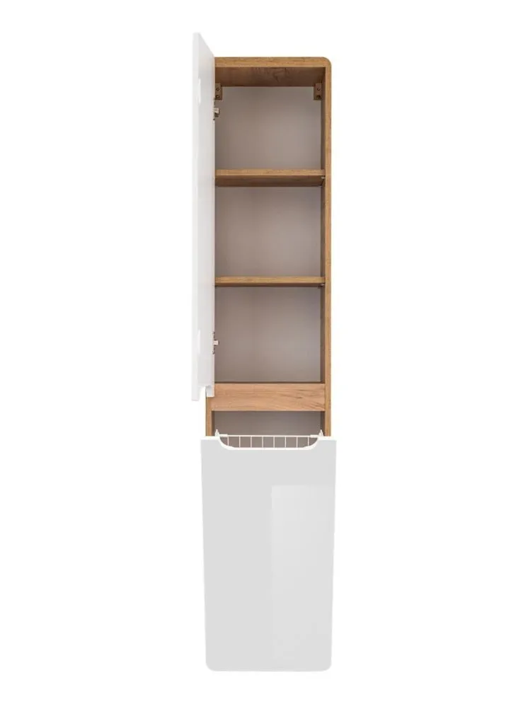 Szafka łazienkowa ARUBA 35 cm biała/dąb słupek z koszem | MIRAT. kolekcja ARUBA