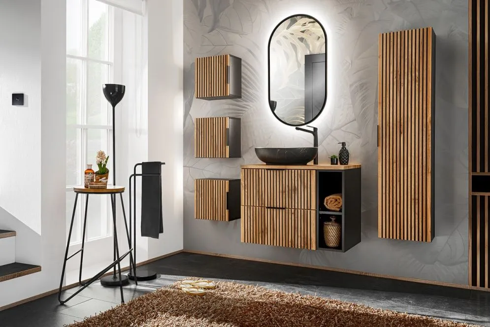 Szafka pod umywalkę BLACK WOTAN 82 60cm czarna/dąb ryflowane fronty I sklep meblowy MIRAT. styl LOFT, RYFLOWANY