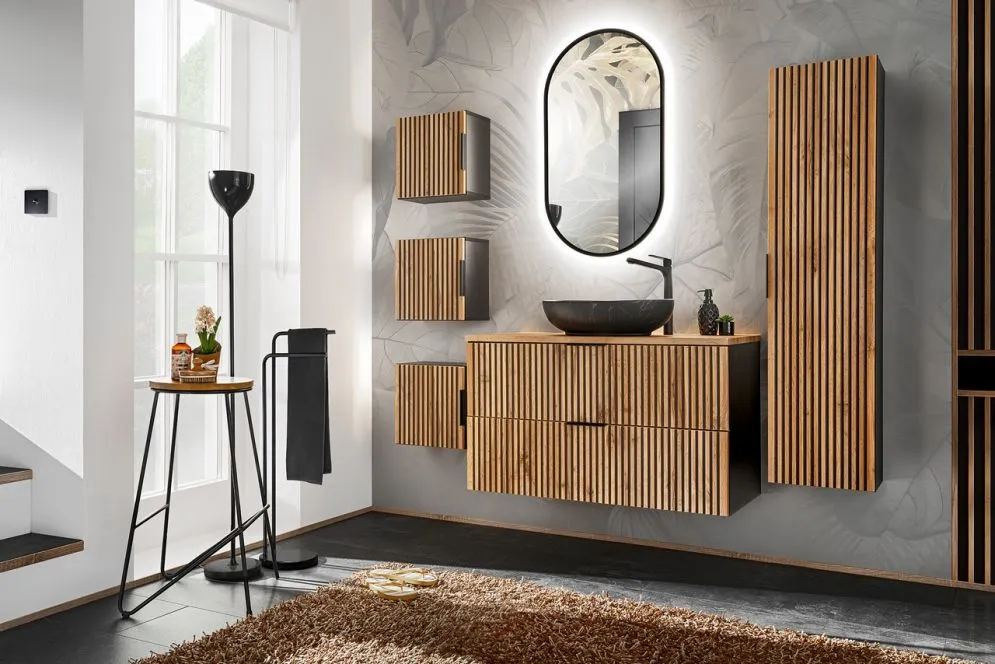 Szafka pod umywalkę XILO BLACK WOTAN 82 100cm czarna/dąb szeroka I sklep meblowy MIRAT. styl LOFT, RYFLOWANY