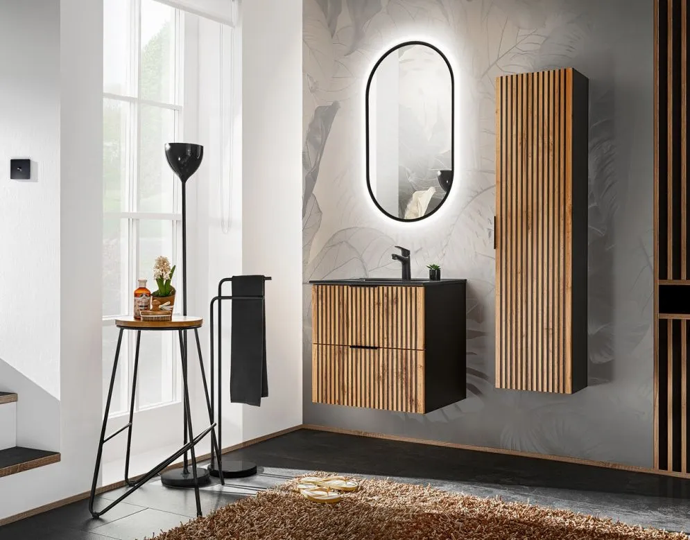 Szafka pod umywalkę BLACK WOTAN 82 60cm czarna/dąb ryflowane fronty I sklep meblowy MIRAT. styl LOFT, RYFLOWANY